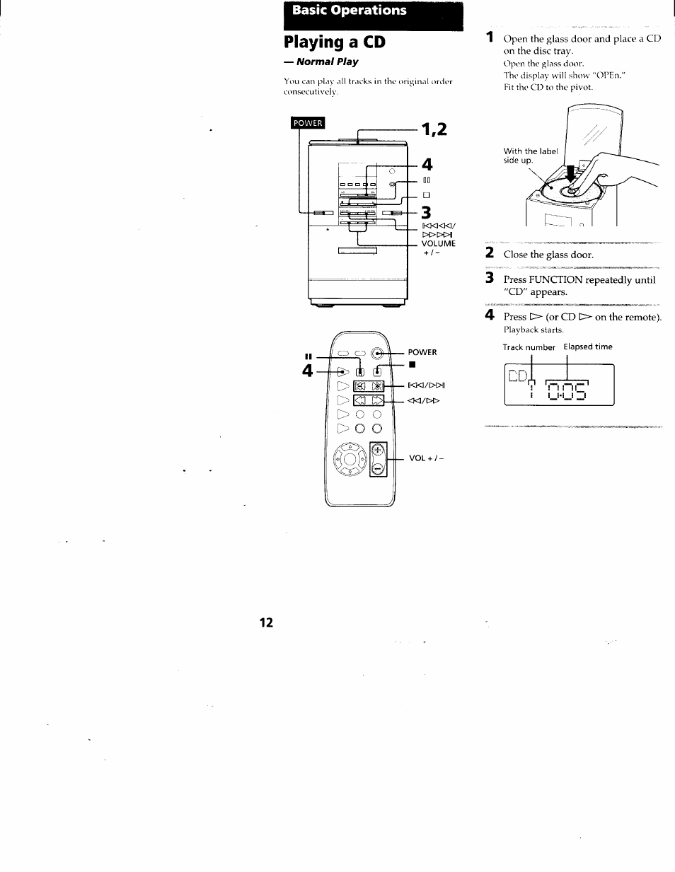 Basic operations, Playing a cd | Sony CMT-ED1 User Manual | Page 12 / 35