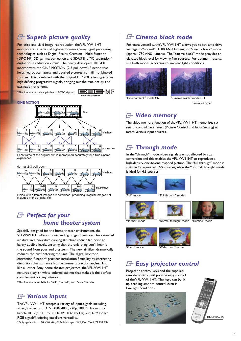 Perfect for your home theater system, Cinema black mode, Superb picture quality through mode | Various inputs, Easy projector control | Sony VPL-VW11HT User Manual | Page 5 / 8