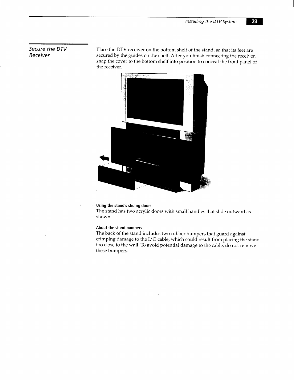 Using the stand's sliding doors, About the stand bumpers | Sony KW-34HD1 User Manual | Page 21 / 65
