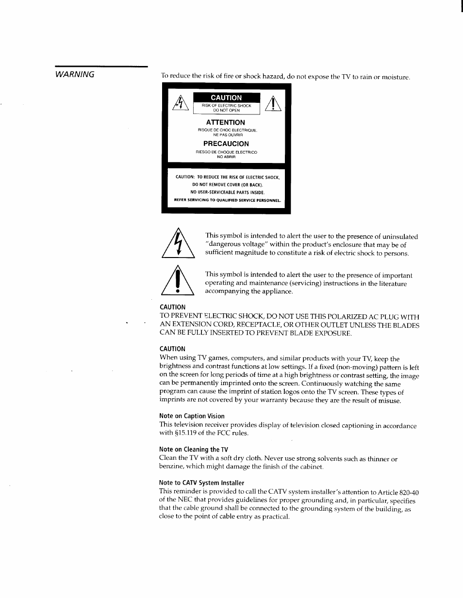Caution, Attention, Precaucion | Note on caption vision, Note on cleaning the tv, Note to catv system installer, Warning | Sony KW-34HD1 User Manual | Page 3 / 65