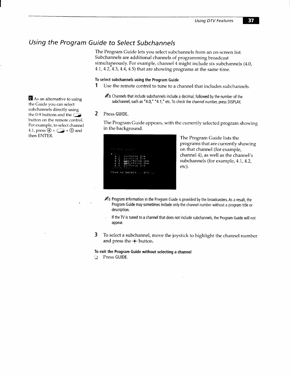Using the program guide to select subchannels, To select subchannels using the program guide | Sony KW-34HD1 User Manual | Page 35 / 65