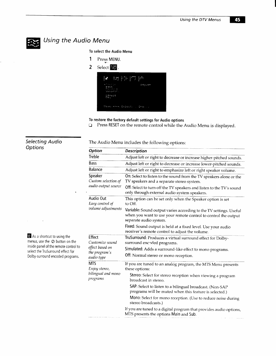 To select the audio menu, Selecting audio options, Using the audio menu | Sony KW-34HD1 User Manual | Page 43 / 65