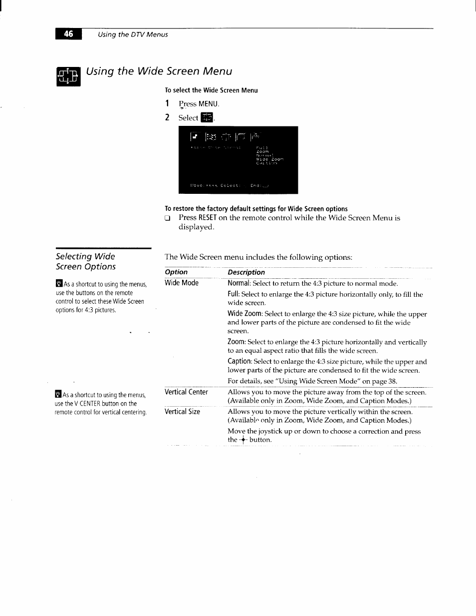Using the wide screen menu, To select the wide screen menu, Selecting wide screen options | Sony KW-34HD1 User Manual | Page 44 / 65