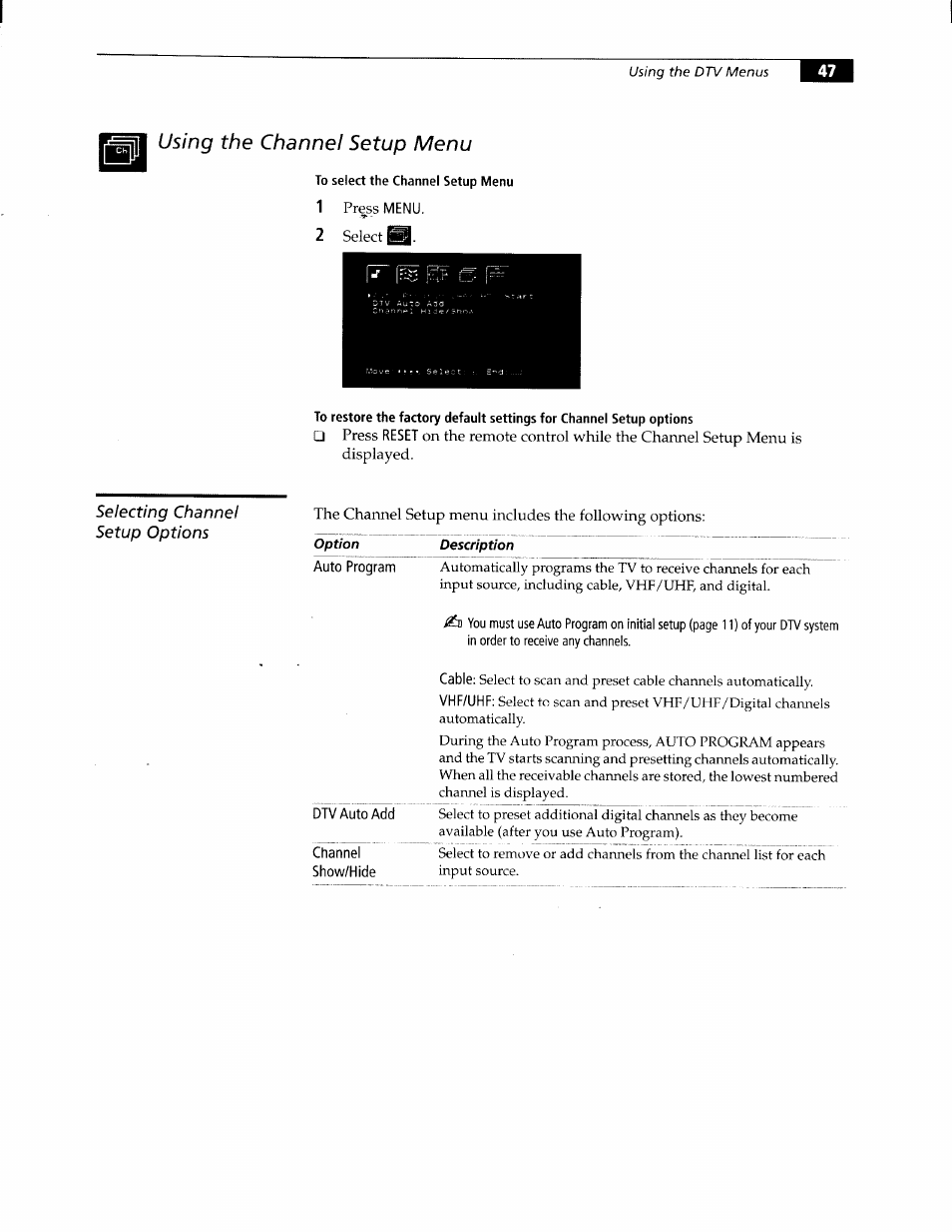 To select the channel setup menu, Selecting channel setup options, Using the channel setup menu | Sony KW-34HD1 User Manual | Page 45 / 65
