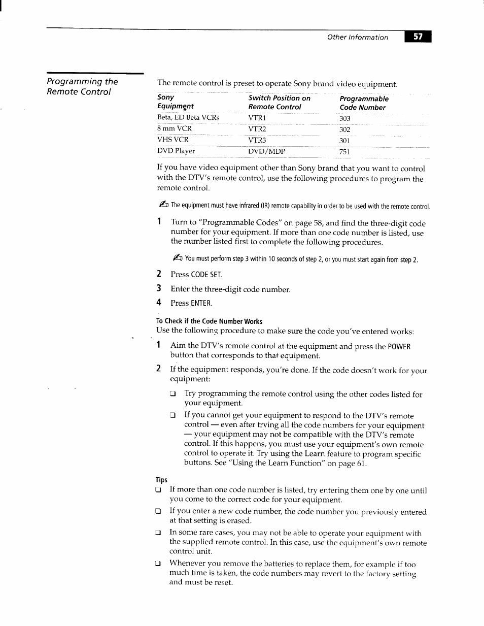 Programming the remote control, To check if the code number works, Using the remote control | Sony KW-34HD1 User Manual | Page 55 / 65
