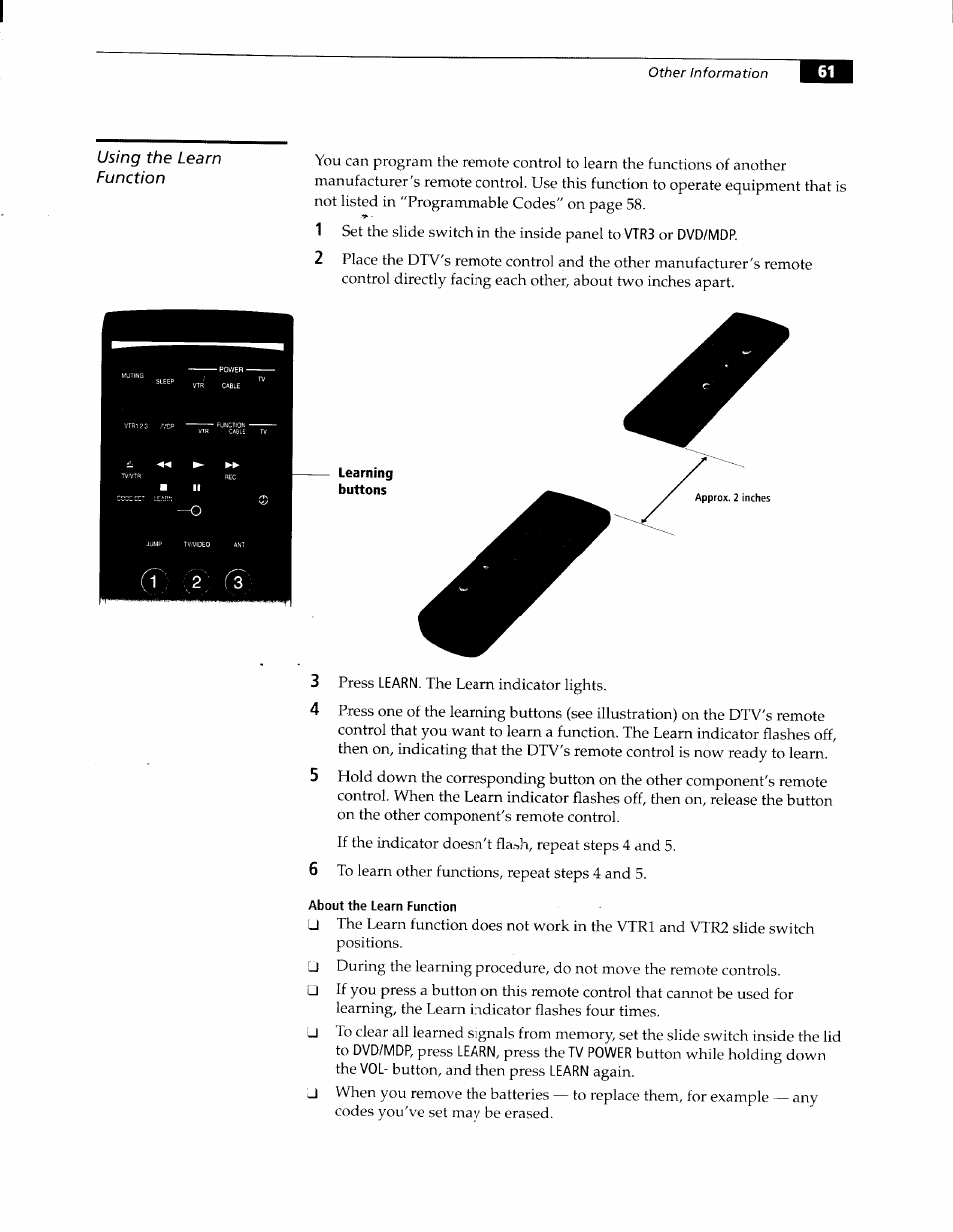 About the learn function, Using the learn function | Sony KW-34HD1 User Manual | Page 59 / 65