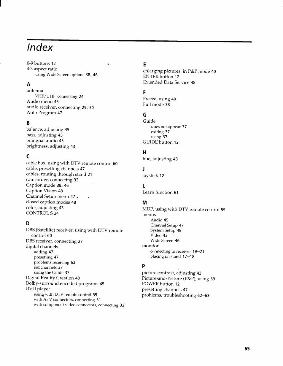 Index | Sony KW-34HD1 User Manual | Page 63 / 65