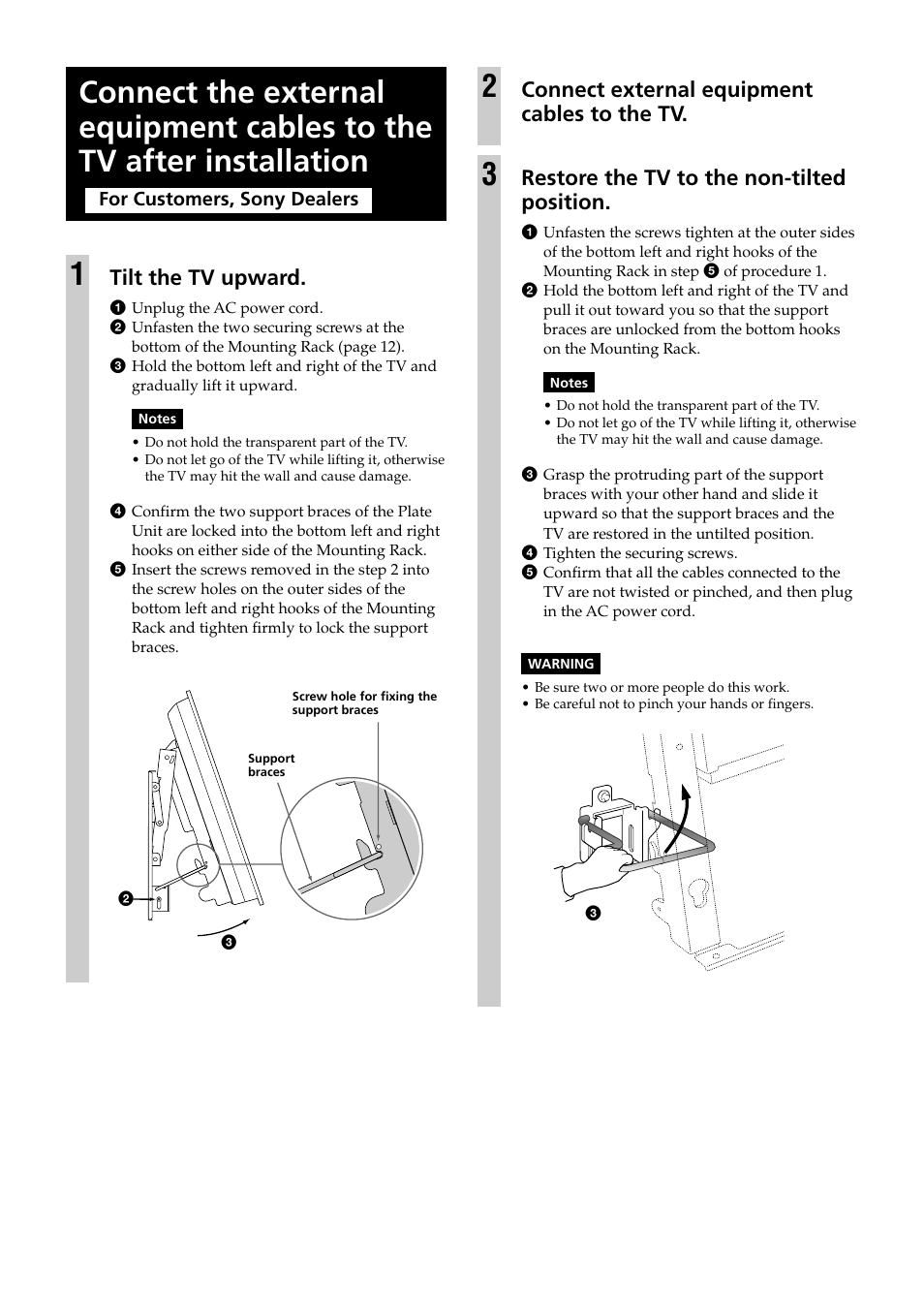 Connect external equipment cables to the tv, Restore the tv to the non-tilted position, Tilt the tv upward | Sony KDE-37XS955 User Manual | Page 14 / 52