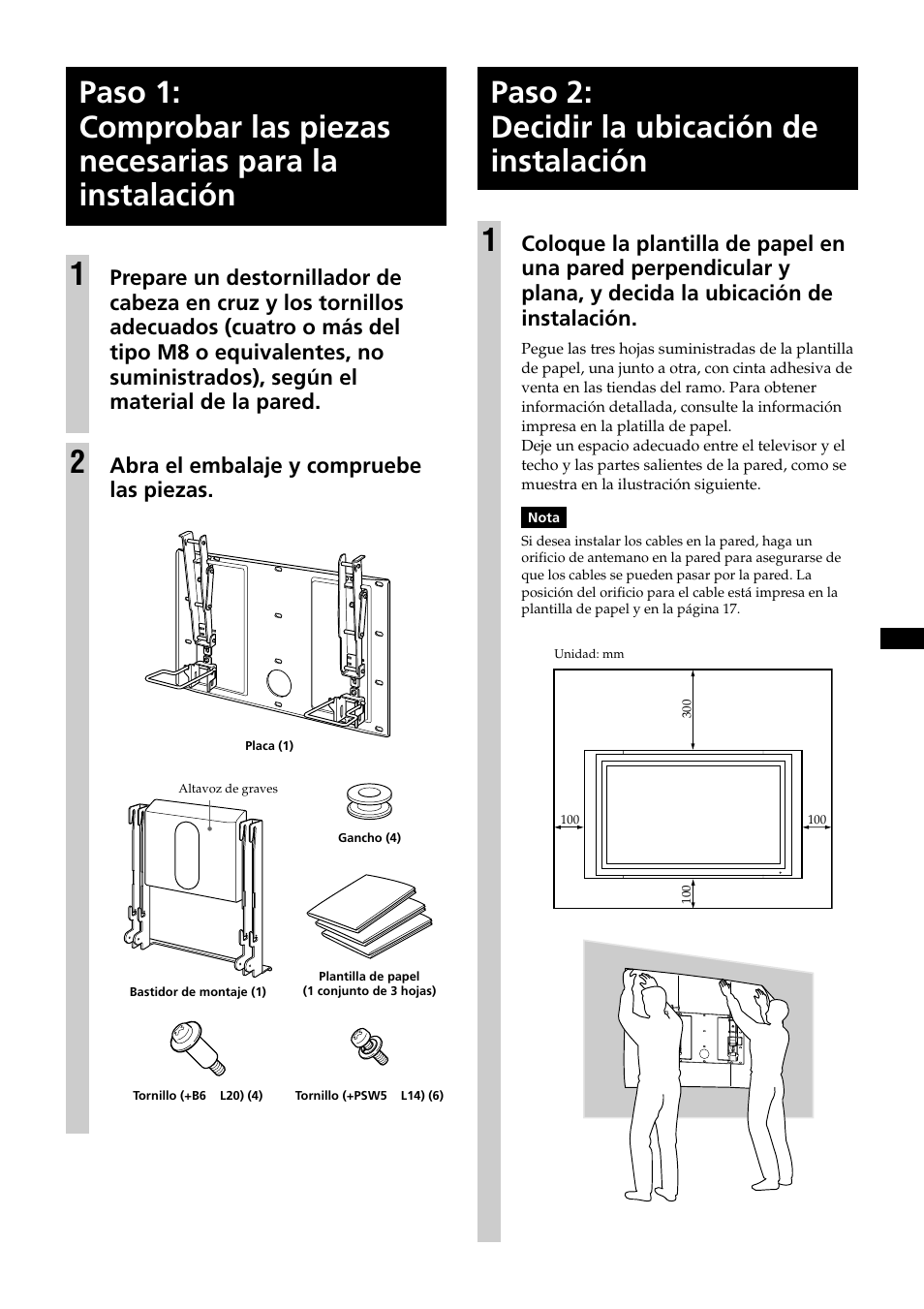 Instrucciones, Paso 2: decidir la ubicacion de instalacion, Paso 2: decidir la ubicación de instalación 1 | Abra el embalaje y compruebe las piezas | Sony KDE-37XS955 User Manual | Page 39 / 52