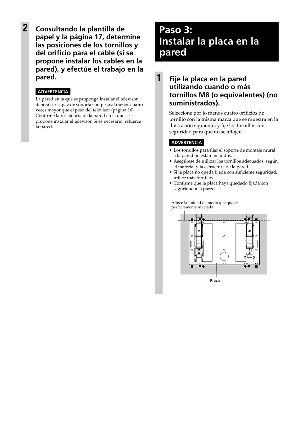 Paso 3: instalar la placa en la pared, Paso 3: instalar la placa en la pared 1 | Sony KDE-37XS955 User Manual | Page 40 / 52