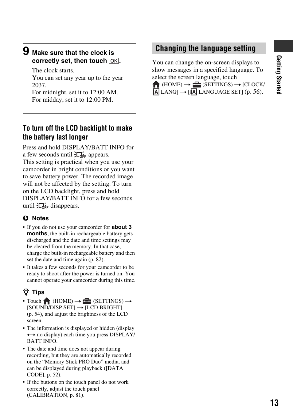 Changing the language setting | Sony HXR-MC1 User Manual | Page 13 / 96