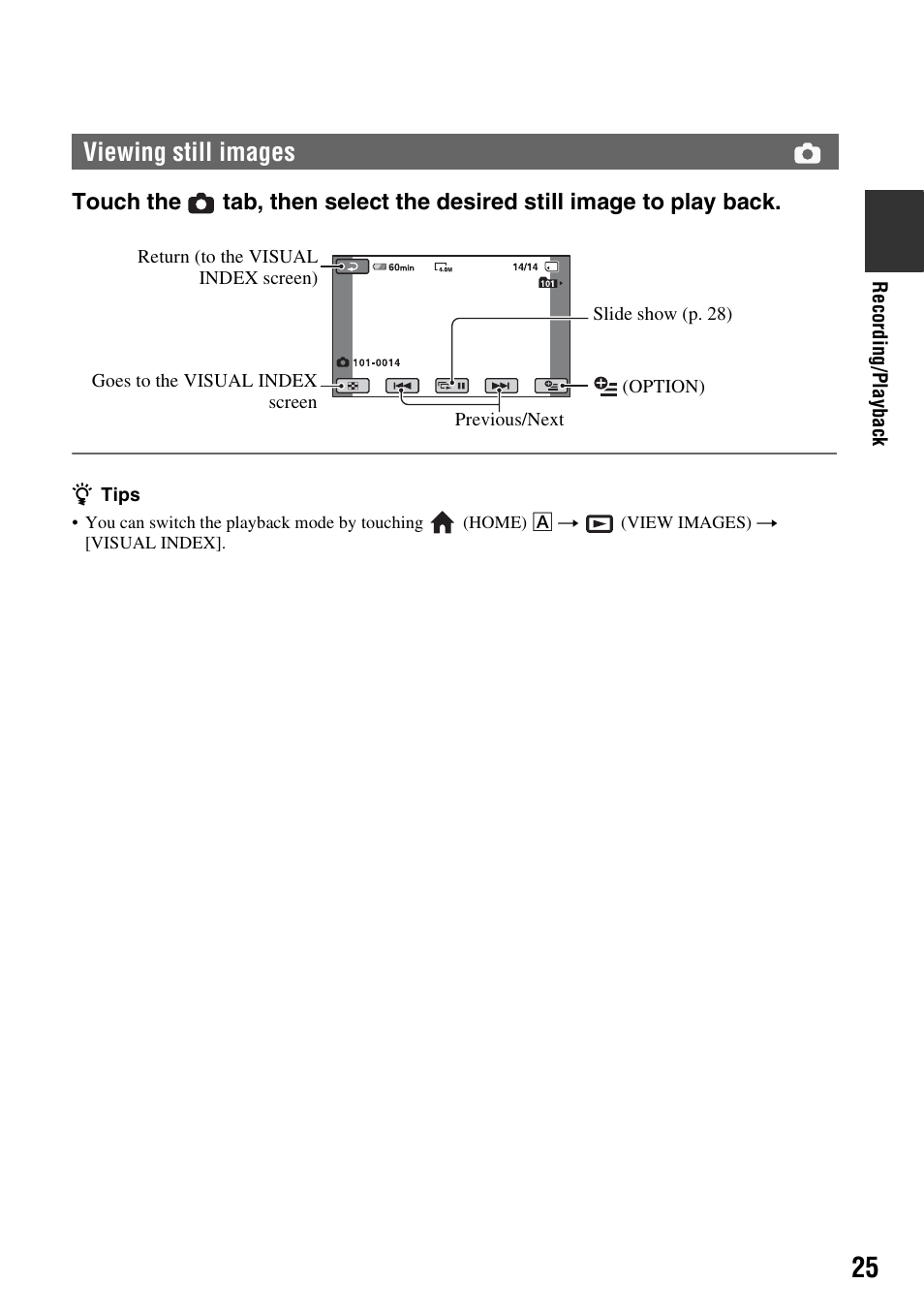 Viewing still images | Sony HXR-MC1 User Manual | Page 25 / 96