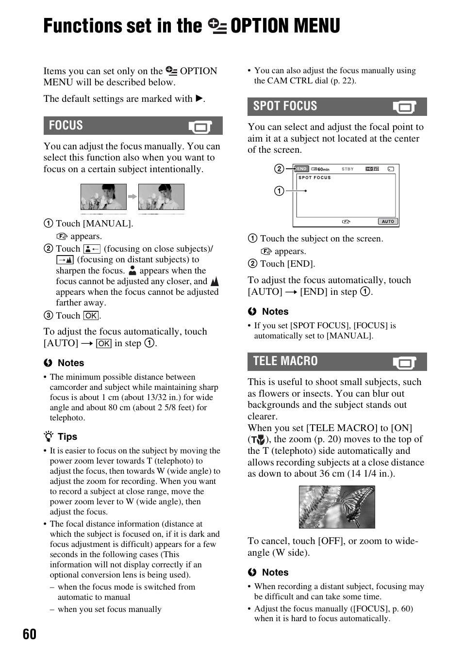 Functions set in the option menu, Functions set in the, Option menu | P. 60, Focus spot focus tele macro | Sony HXR-MC1 User Manual | Page 60 / 96