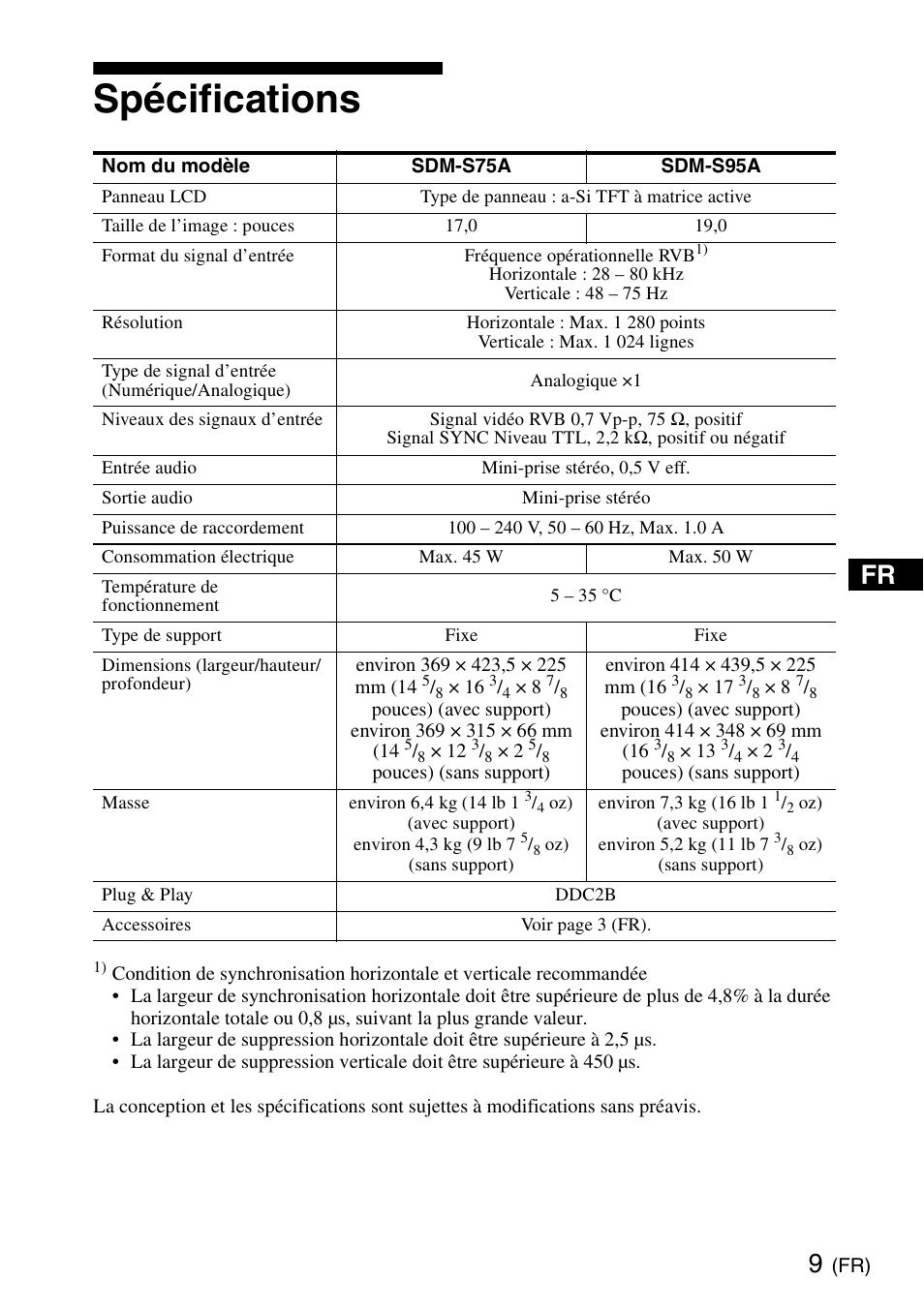 Spécifications | Sony SDM-S95ERB User Manual | Page 21 / 52