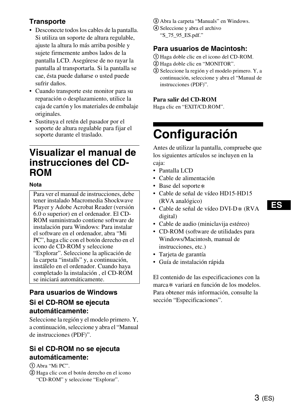 Visualizar el manual de instrucciones del cd- rom, Configuración, Configuración (es) | Sony SDM-S95ERB User Manual | Page 27 / 52