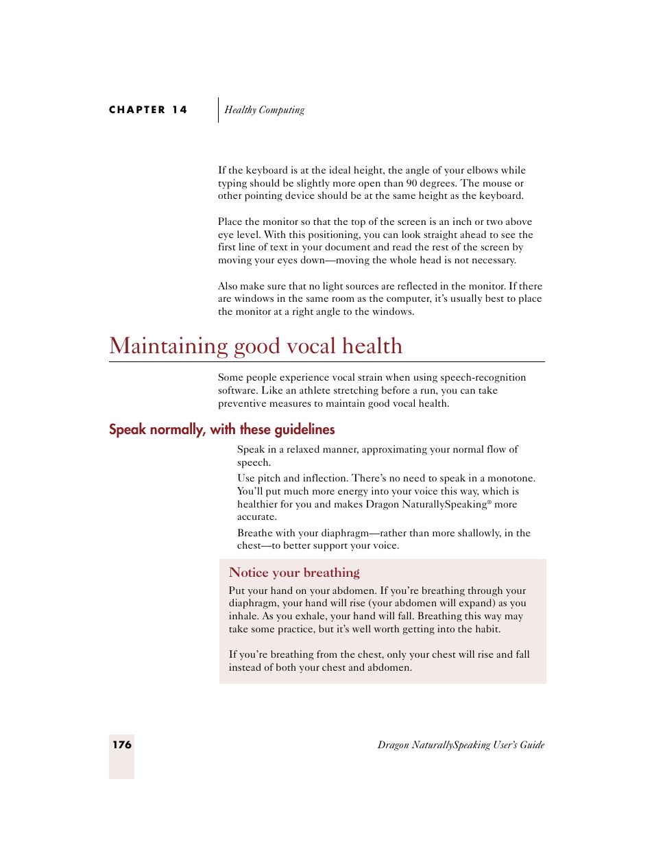 Maintaining good vocal health, Speak normally, with these guidelines | Sony ICD-BP150VTP User Manual | Page 184 / 268
