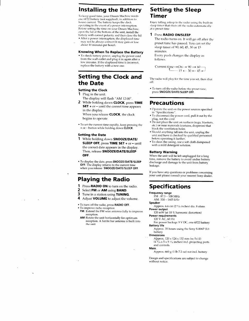 Installing the battery, Knowing when to replace the battery, Setting the clock and the date | Setting the clock, Setting the date, Playing the radio, Setting the sleep timer, Press radio on/sleep, Precautions, Battery warning | Sony ICF-C160SILVER User Manual | Page 3 / 5
