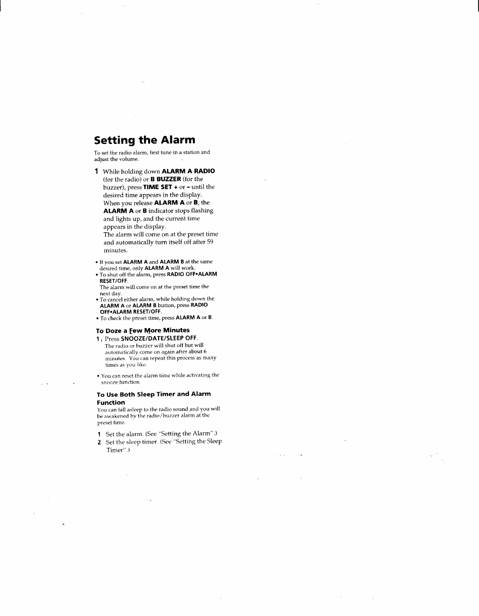 Setting the alarm, To doze a few more minutes, 1 , press snooze/date/sleep off | To use both sleep timer and alarm function | Sony ICF-C160SILVER User Manual | Page 4 / 5