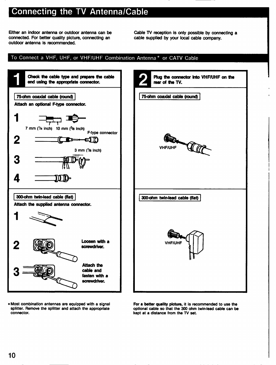 Connecting the tv antenna/cable | Sony KV-27XBR65 User Manual | Page 10 / 51