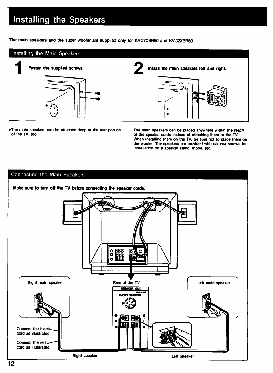 Installing the speakers | Sony KV-27XBR65 User Manual | Page 12 / 51