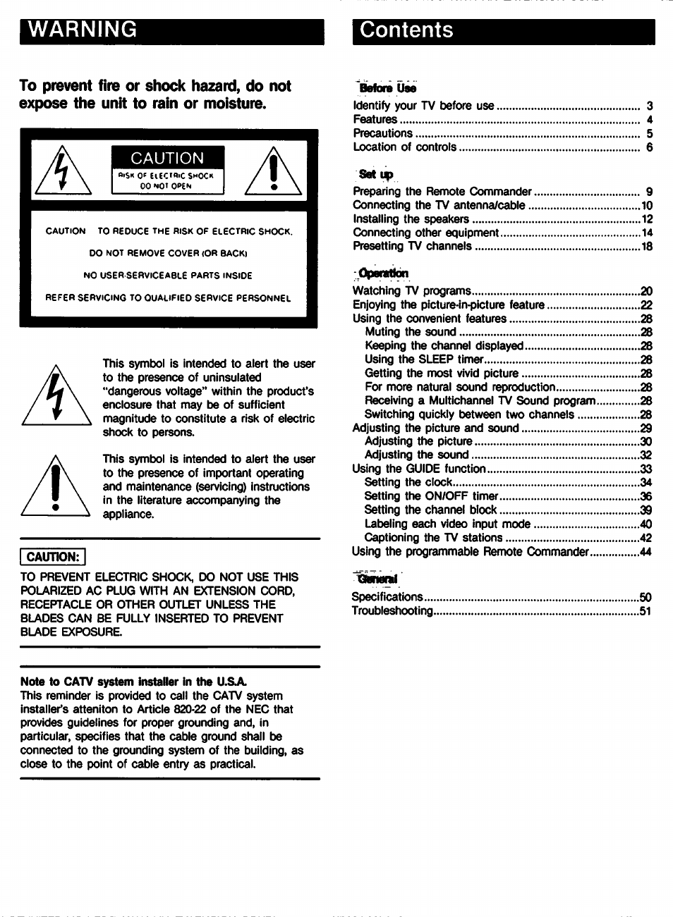 Warning contents | Sony KV-27XBR65 User Manual | Page 2 / 51