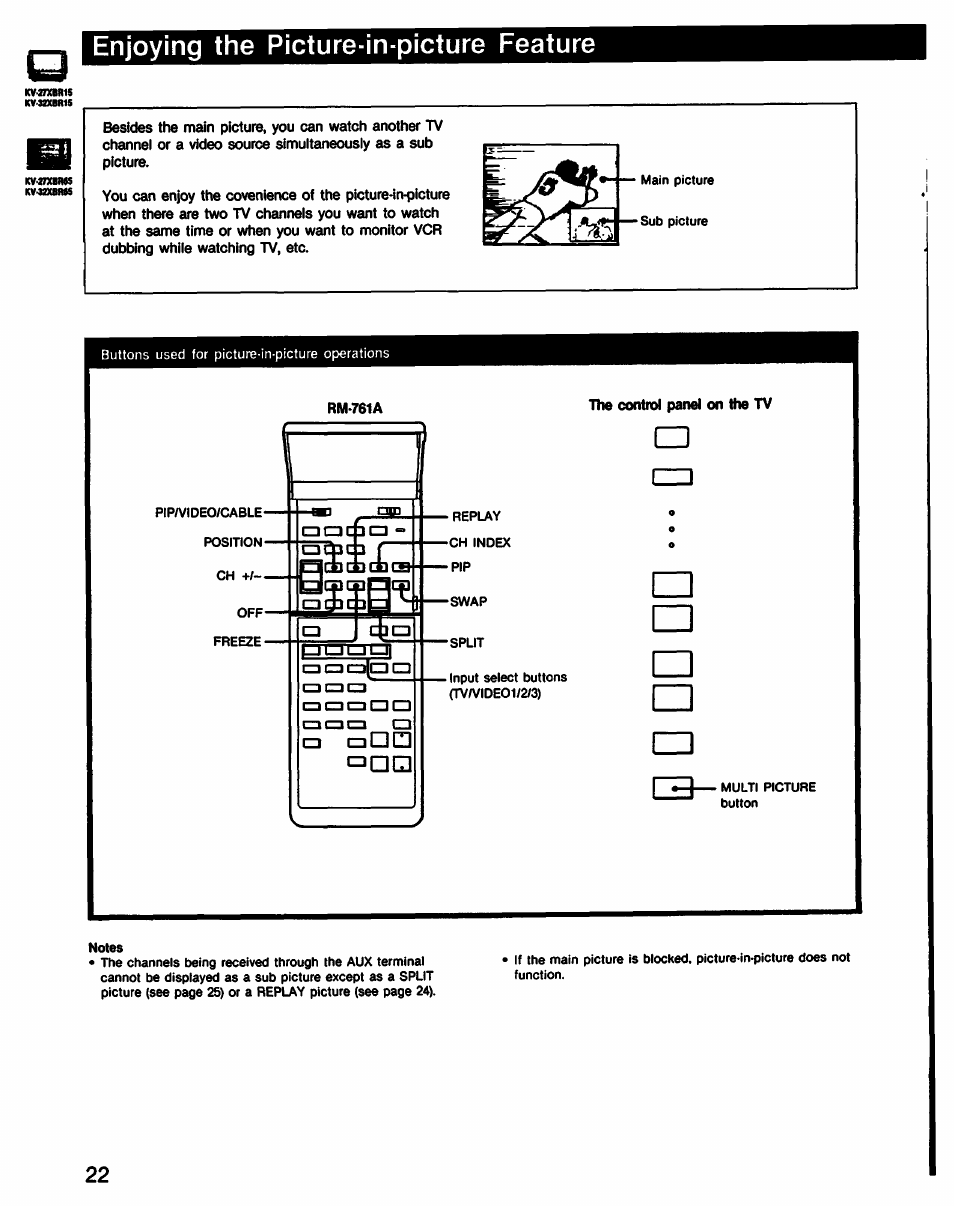Enjoying the picture-in-picture feature | Sony KV-27XBR65 User Manual | Page 22 / 51