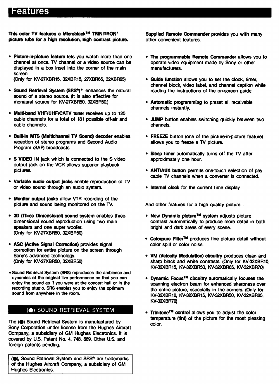 Eatures | Sony KV-27XBR65 User Manual | Page 4 / 51