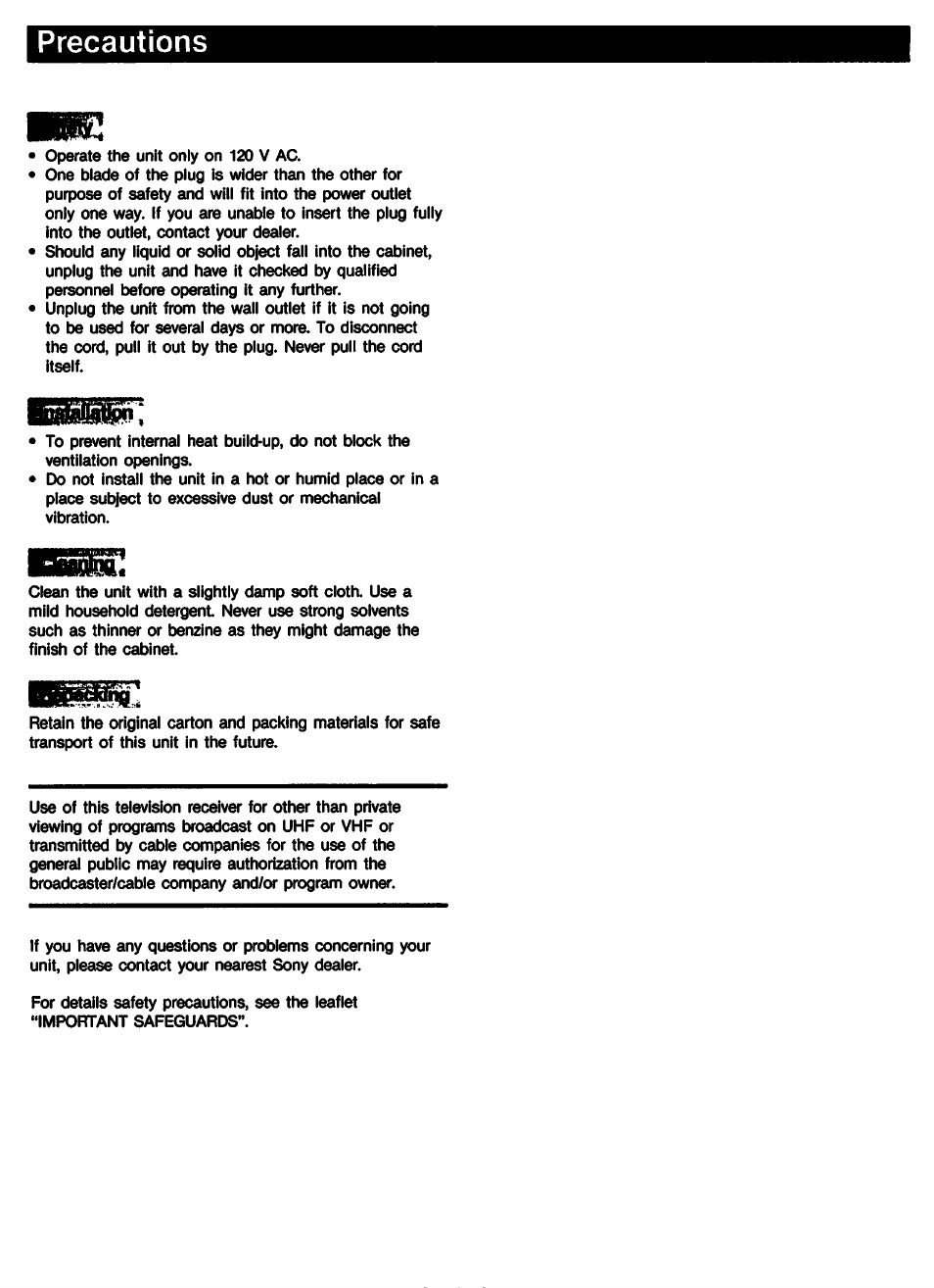 Precautions | Sony KV-27XBR65 User Manual | Page 5 / 51