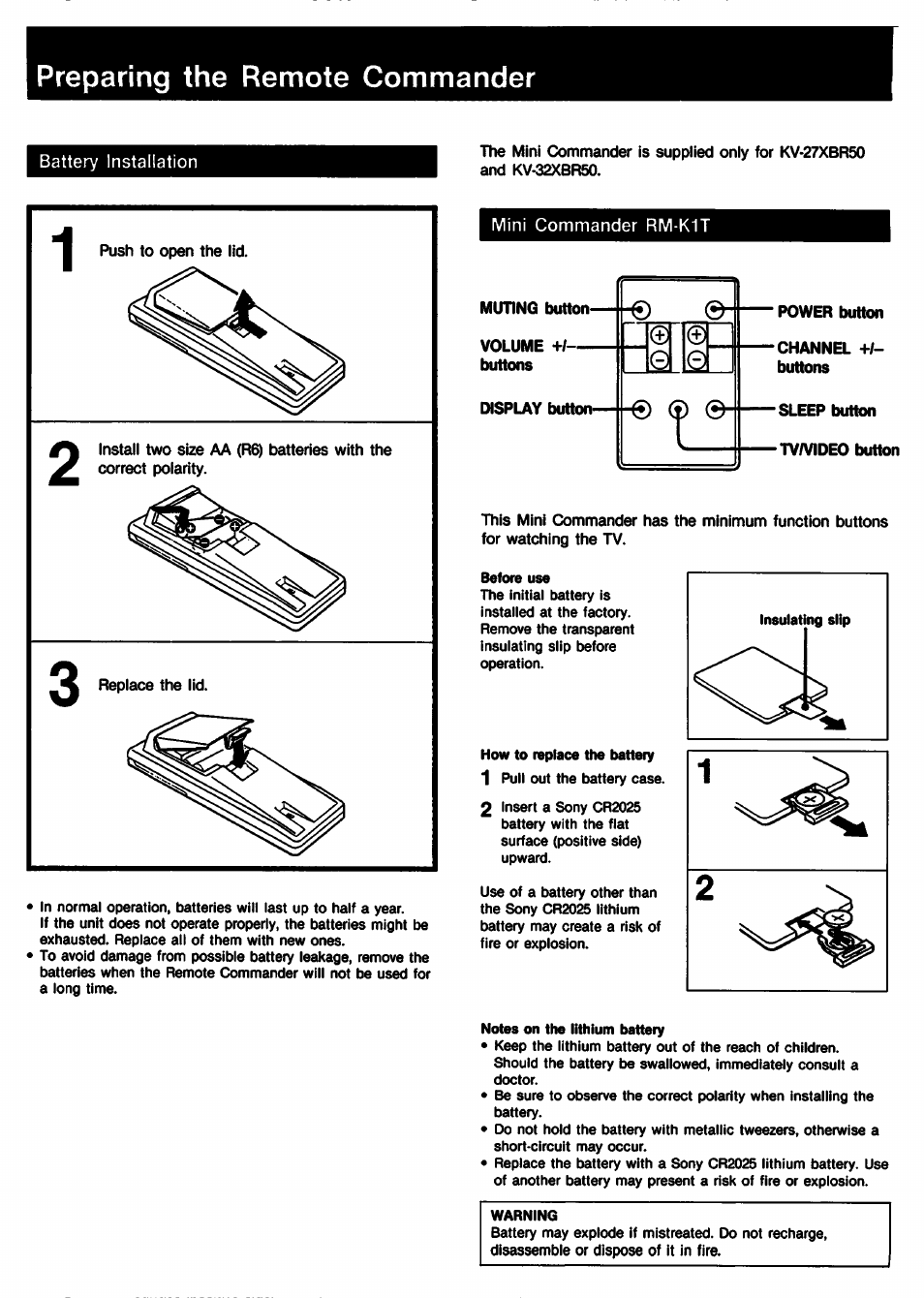 Preparing the remote commander | Sony KV-27XBR65 User Manual | Page 9 / 51