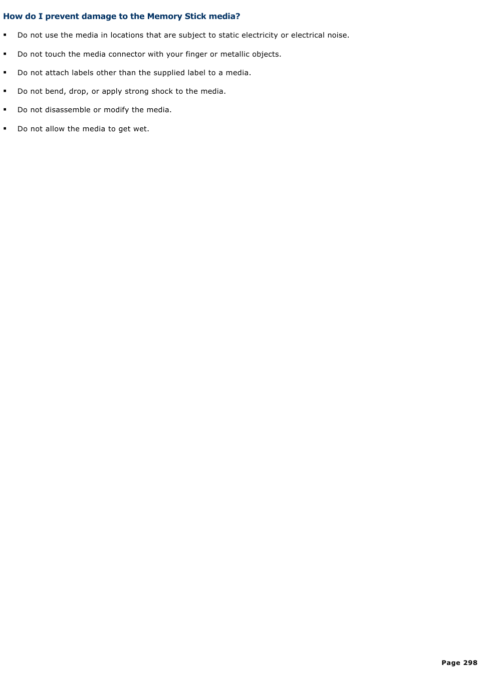 How do i prevent damage to the memory stick media | Sony VGN-A160 User Manual | Page 298 / 315