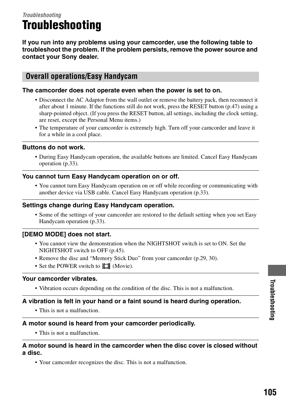 Troubleshooting, Overall operations/easy handycam | Sony DCR-DVD405 User Manual | Page 105 / 148