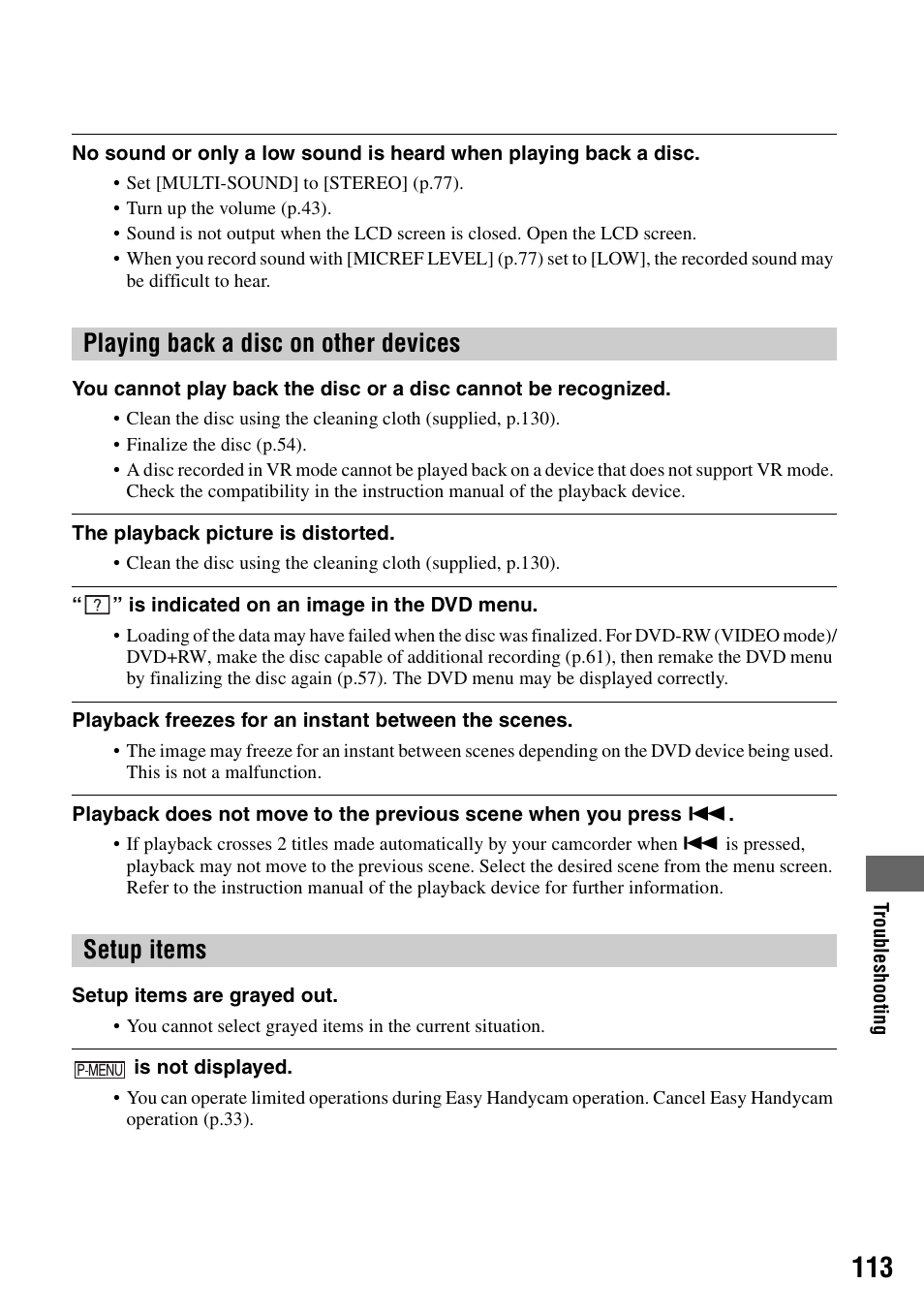 Setup items” (p.113), Playing back a disc on other devices setup items | Sony DCR-DVD405 User Manual | Page 113 / 148
