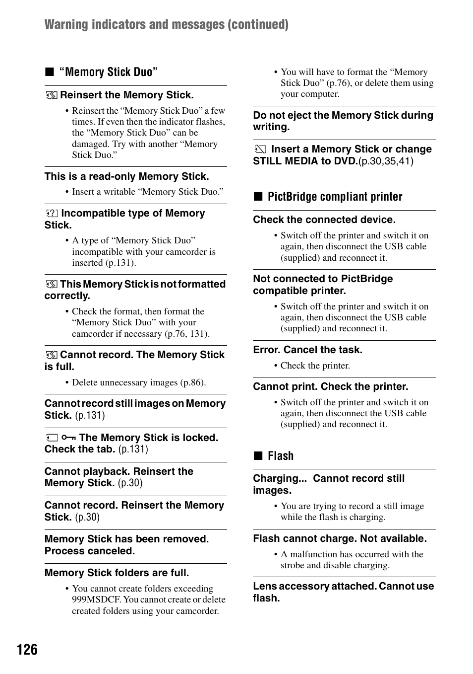 Warning indicators and messages (continued) | Sony DCR-DVD405 User Manual | Page 126 / 148