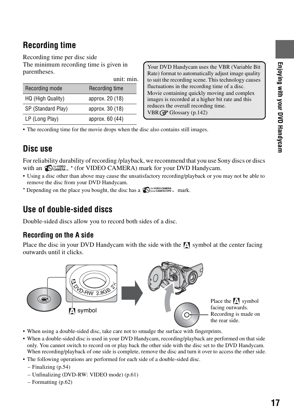 Recording time, Disc use, Use of double-sided discs | Sony DCR-DVD405 User Manual | Page 17 / 148