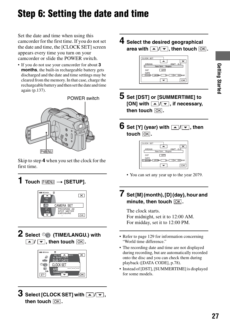 Step 6: setting the date and time | Sony DCR-DVD405 User Manual | Page 27 / 148