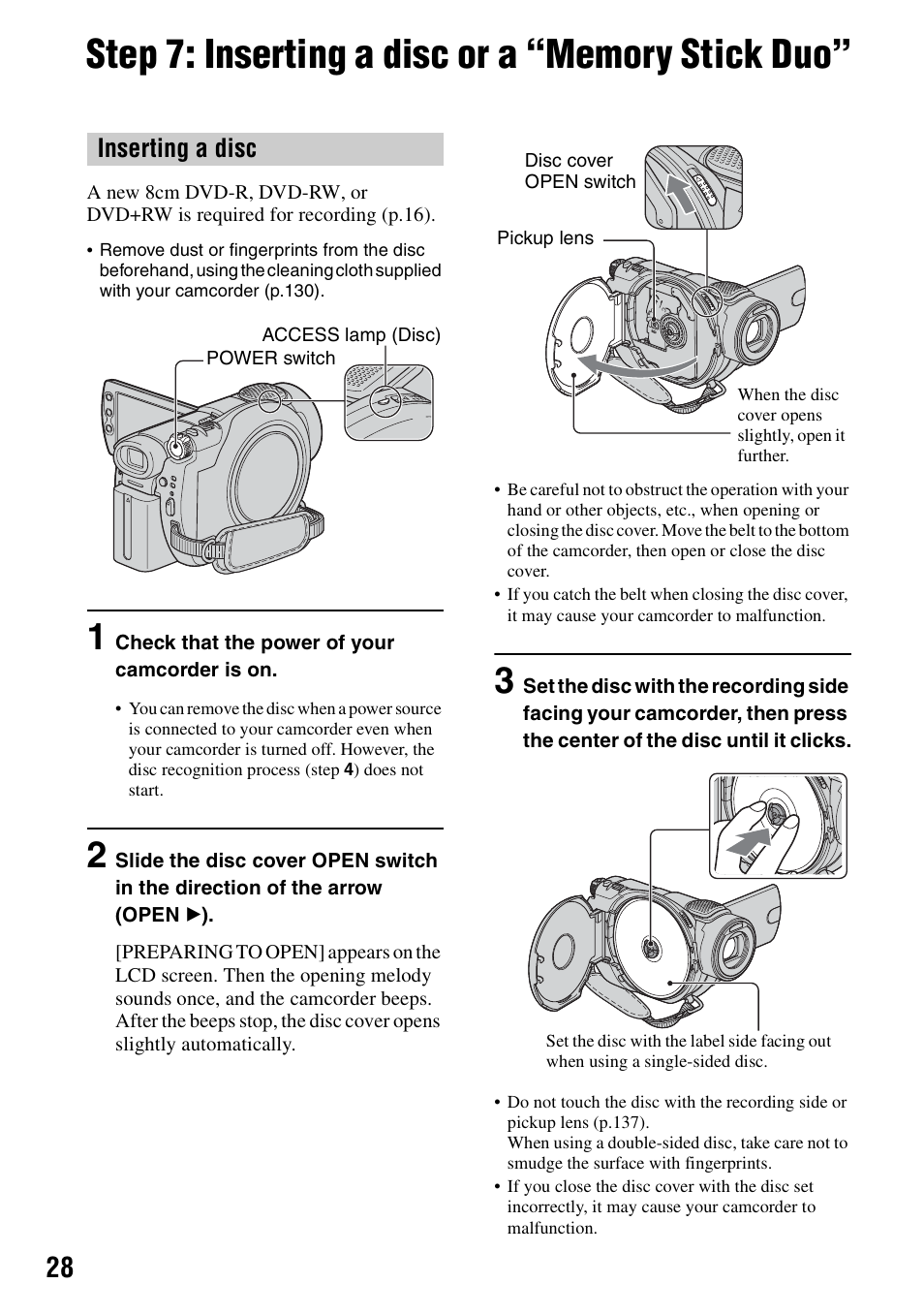Step 7: inserting a disc or a “memory stick duo, P.28) i, P.28) | P.28, Inserting a disc | Sony DCR-DVD405 User Manual | Page 28 / 148
