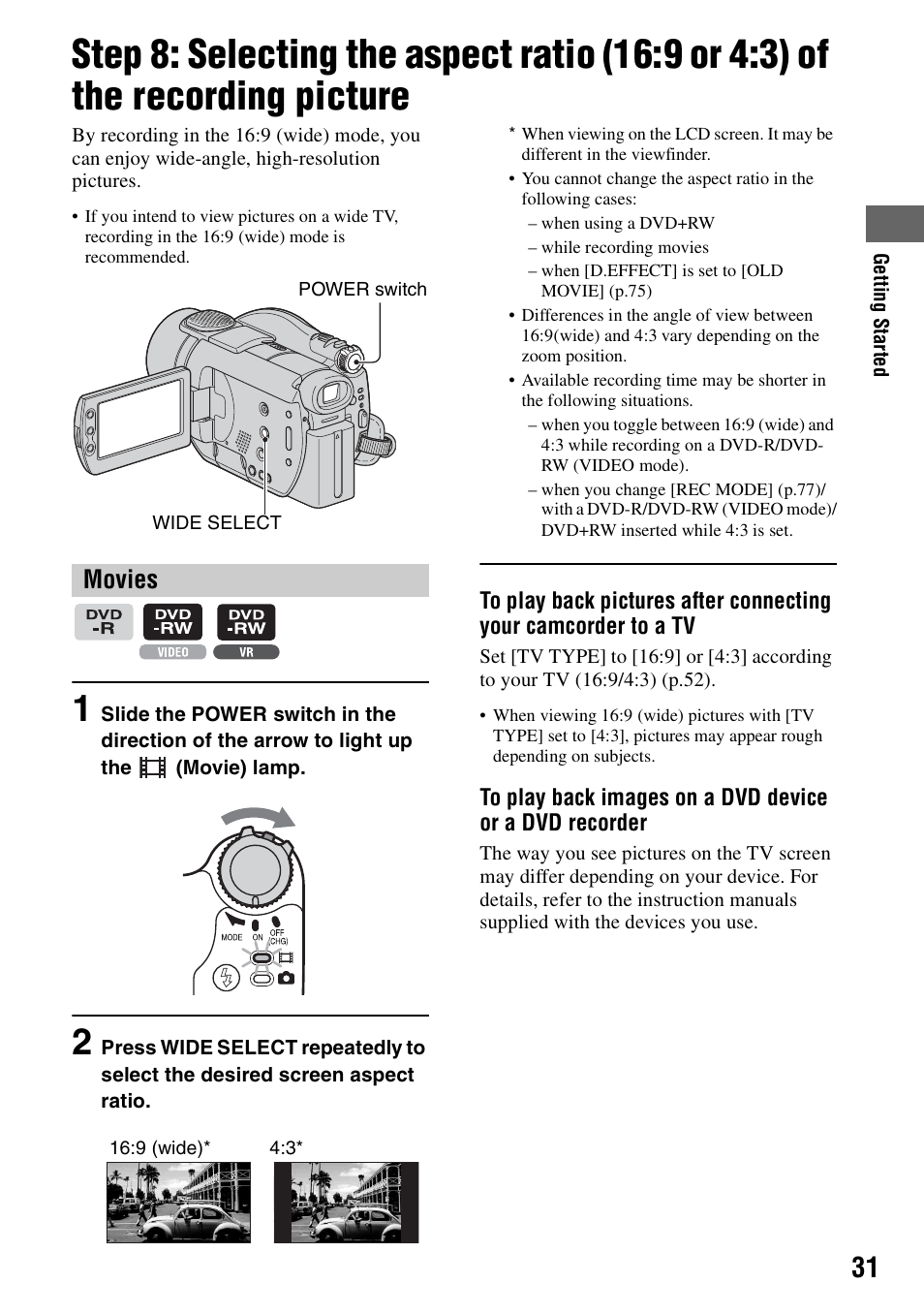 D (p.31, Movies | Sony DCR-DVD405 User Manual | Page 31 / 148