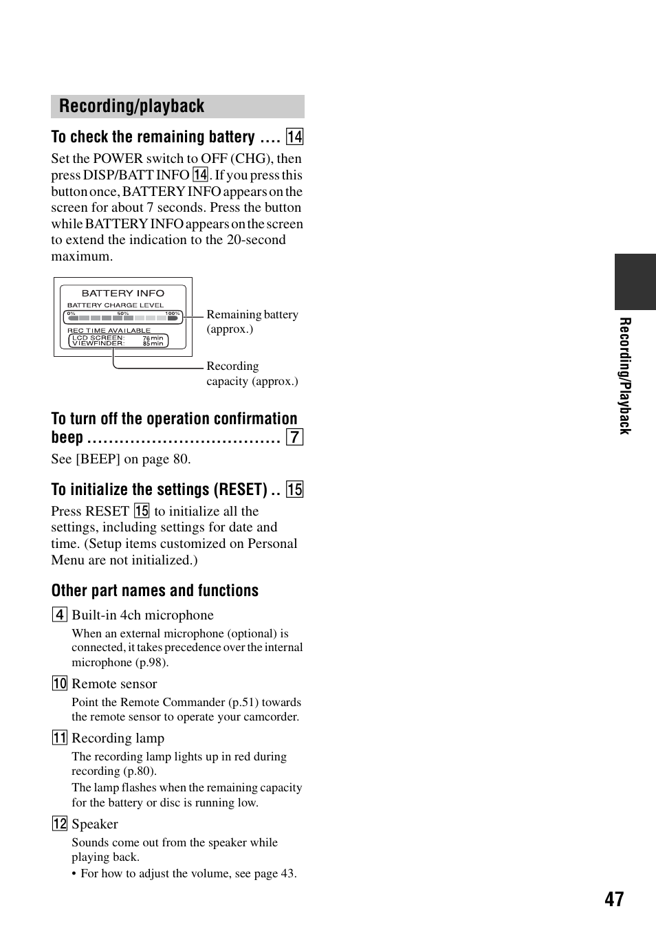 Recording/playback, To check the remaining battery, To turn off the operation confirmation beep | To initialize the settings (reset), Other part names and functions, P.47), Nfo (p.47) | Sony DCR-DVD405 User Manual | Page 47 / 148
