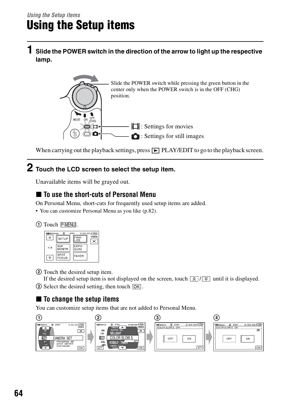 Using the setup items, P.64) usi, P.64) | Sony DCR-DVD405 User Manual | Page 64 / 148