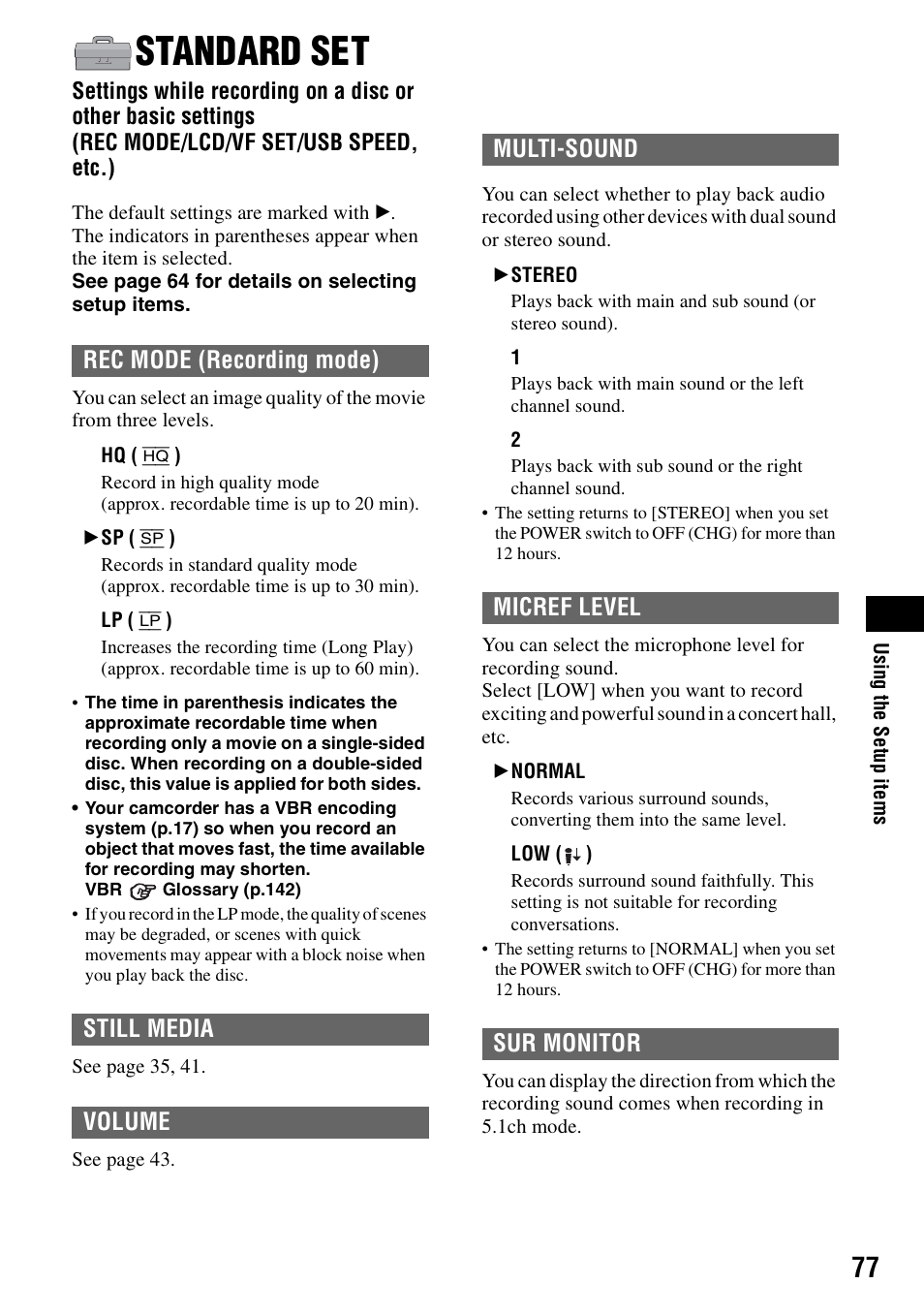 Standard set, P.77, P.77) | Rec mode (recording mode) still media volume, Multi-sound micref level sur monitor | Sony DCR-DVD405 User Manual | Page 77 / 148