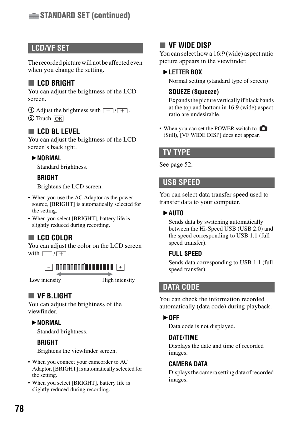 P.78), P.78, Standard set (continued) | Lcd/vf set, Tv type usb speed data code | Sony DCR-DVD405 User Manual | Page 78 / 148