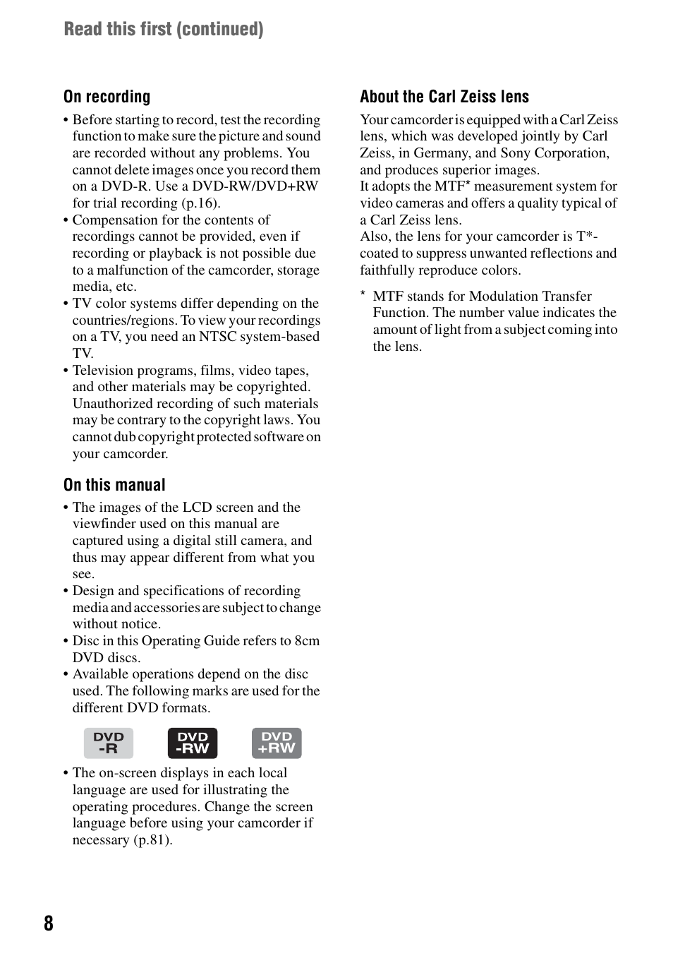 Read this first (continued) | Sony DCR-DVD405 User Manual | Page 8 / 148