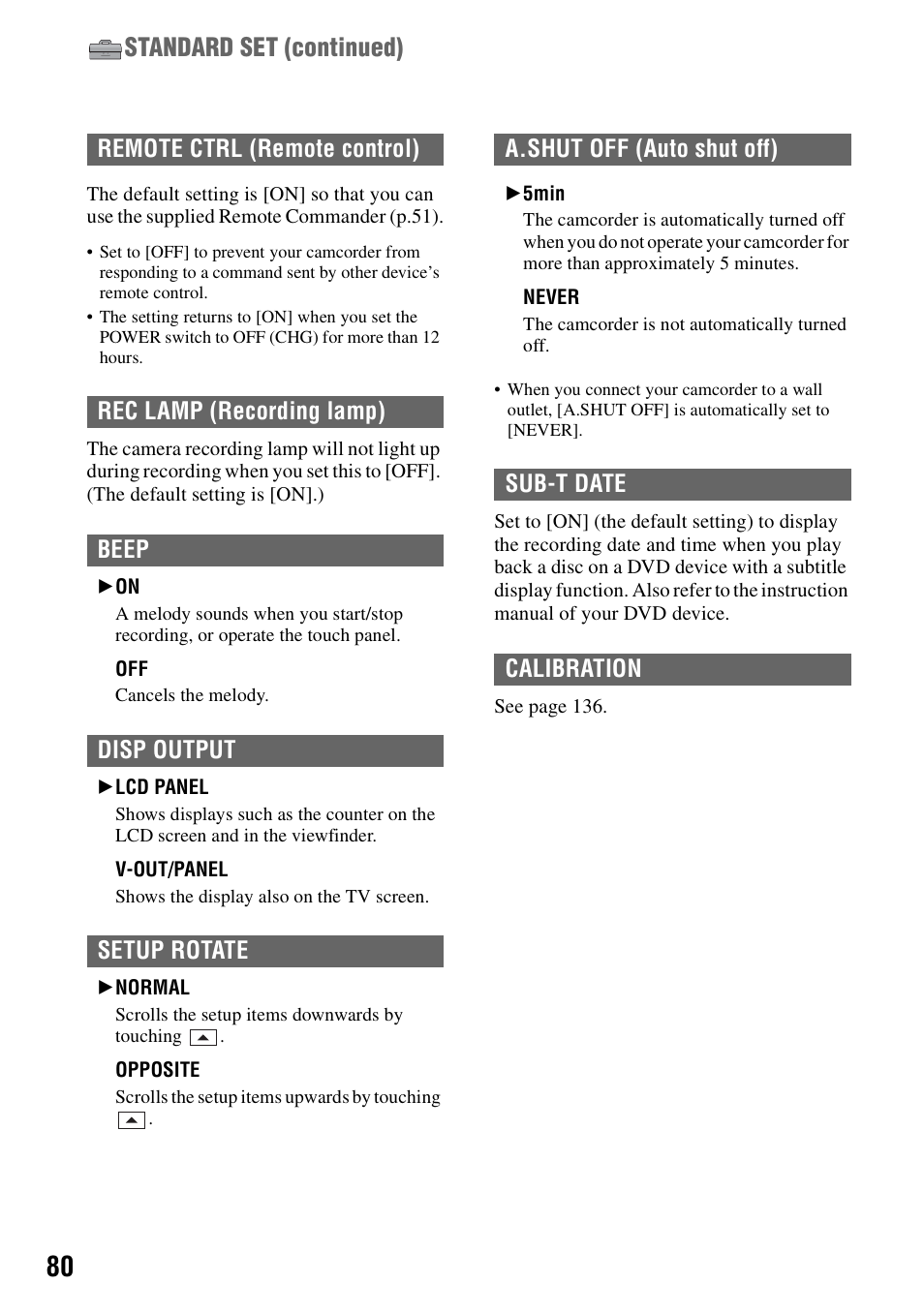 G (p.80), P.80, P.80) | Standard set (continued) | Sony DCR-DVD405 User Manual | Page 80 / 148