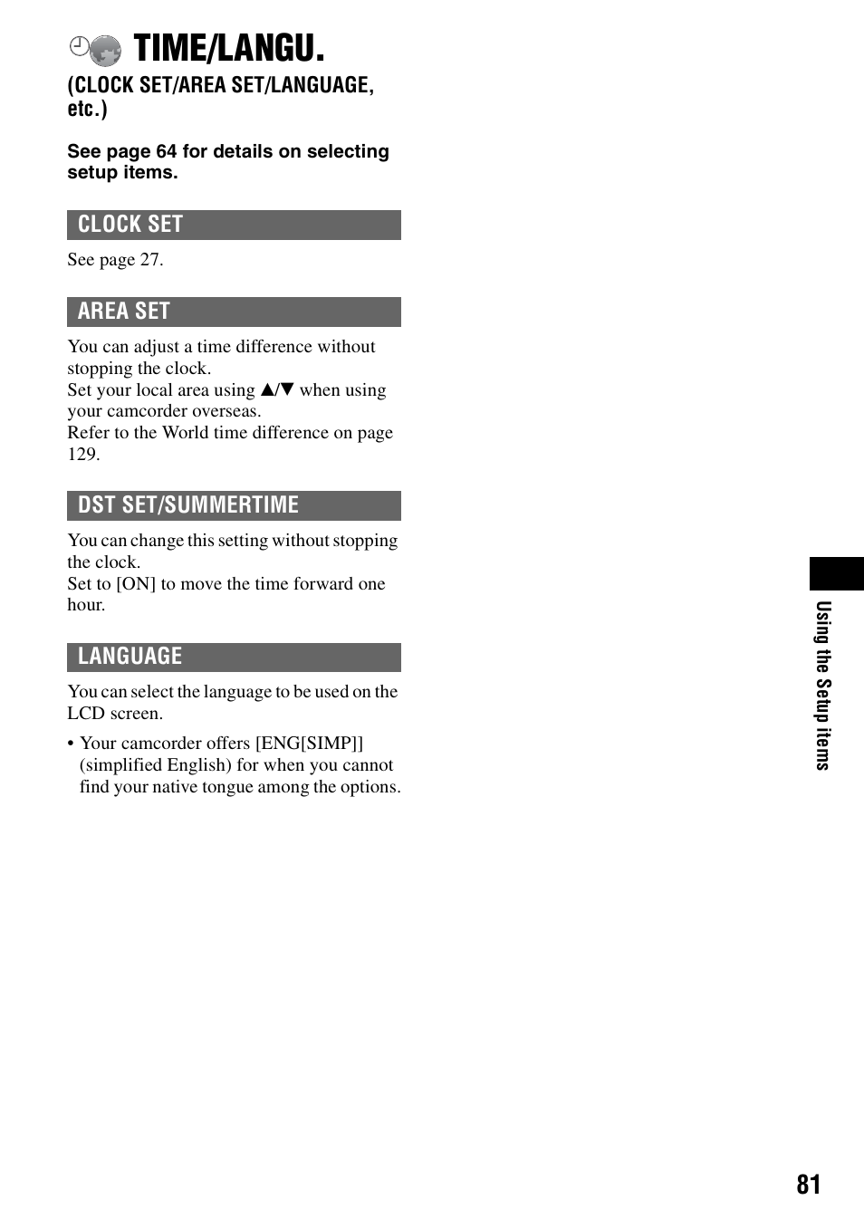 Time/langu, Clock set/area set/language, etc.), P.81) | Sony DCR-DVD405 User Manual | Page 81 / 148
