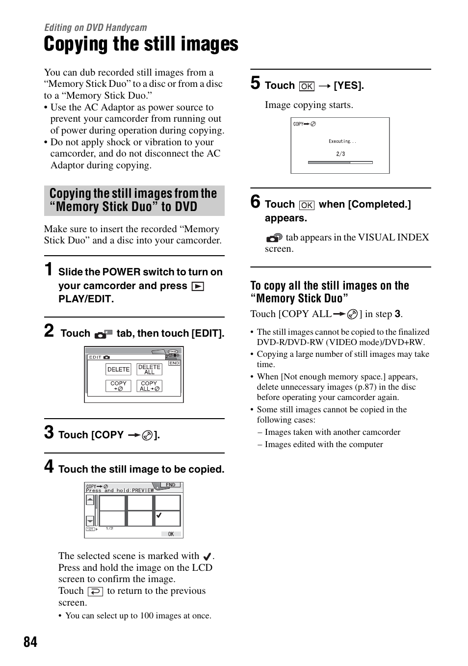 Editing on dvd handycam, Copying the still images | Sony DCR-DVD405 User Manual | Page 84 / 148