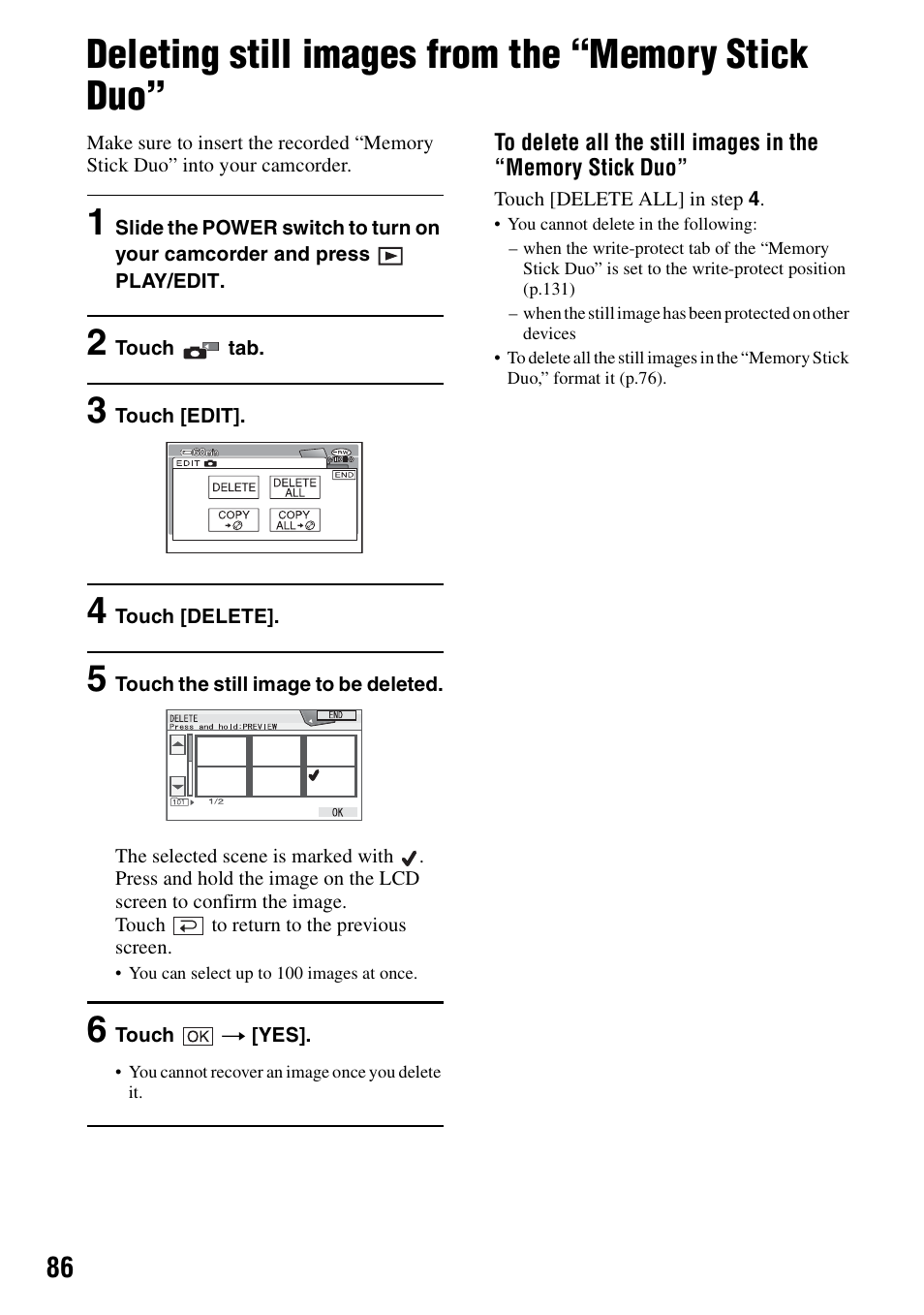Deleting still images from the “memory stick duo, P.86 | Sony DCR-DVD405 User Manual | Page 86 / 148