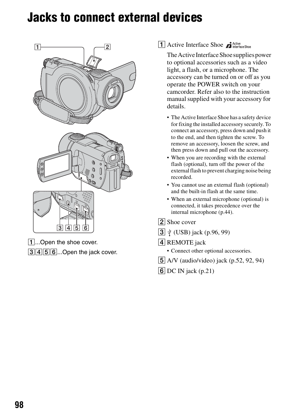 Jacks to connect external devices, P.98), P.98 | Sony DCR-DVD405 User Manual | Page 98 / 148