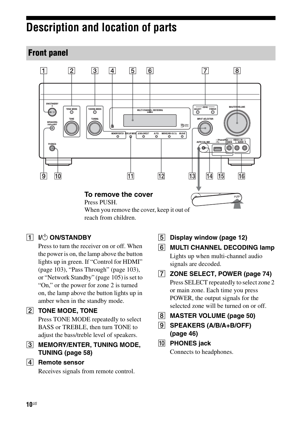 Description and location of parts, Front panel | Sony STR-DA3700ES User Manual | Page 10 / 146