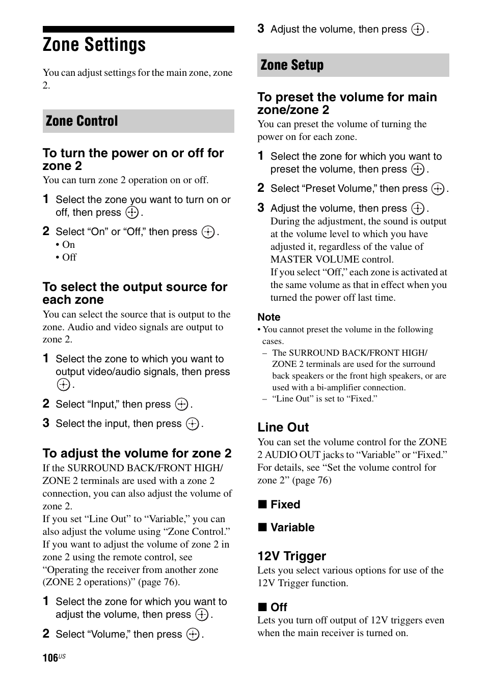 Zone settings, Zone control zone setup | Sony STR-DA3700ES User Manual | Page 106 / 146