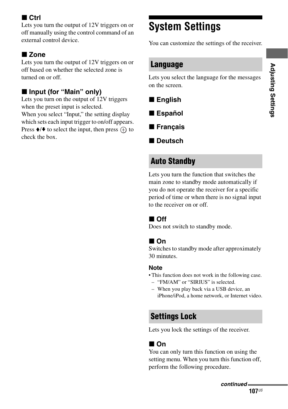 System settings, Language auto standby settings lock | Sony STR-DA3700ES User Manual | Page 107 / 146